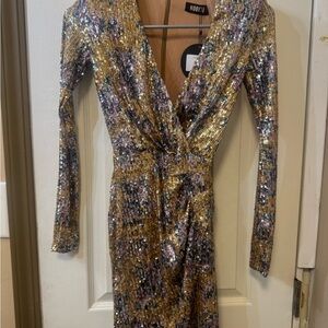 Nookie Gold Sequin Long Sleeve Wrap Dress